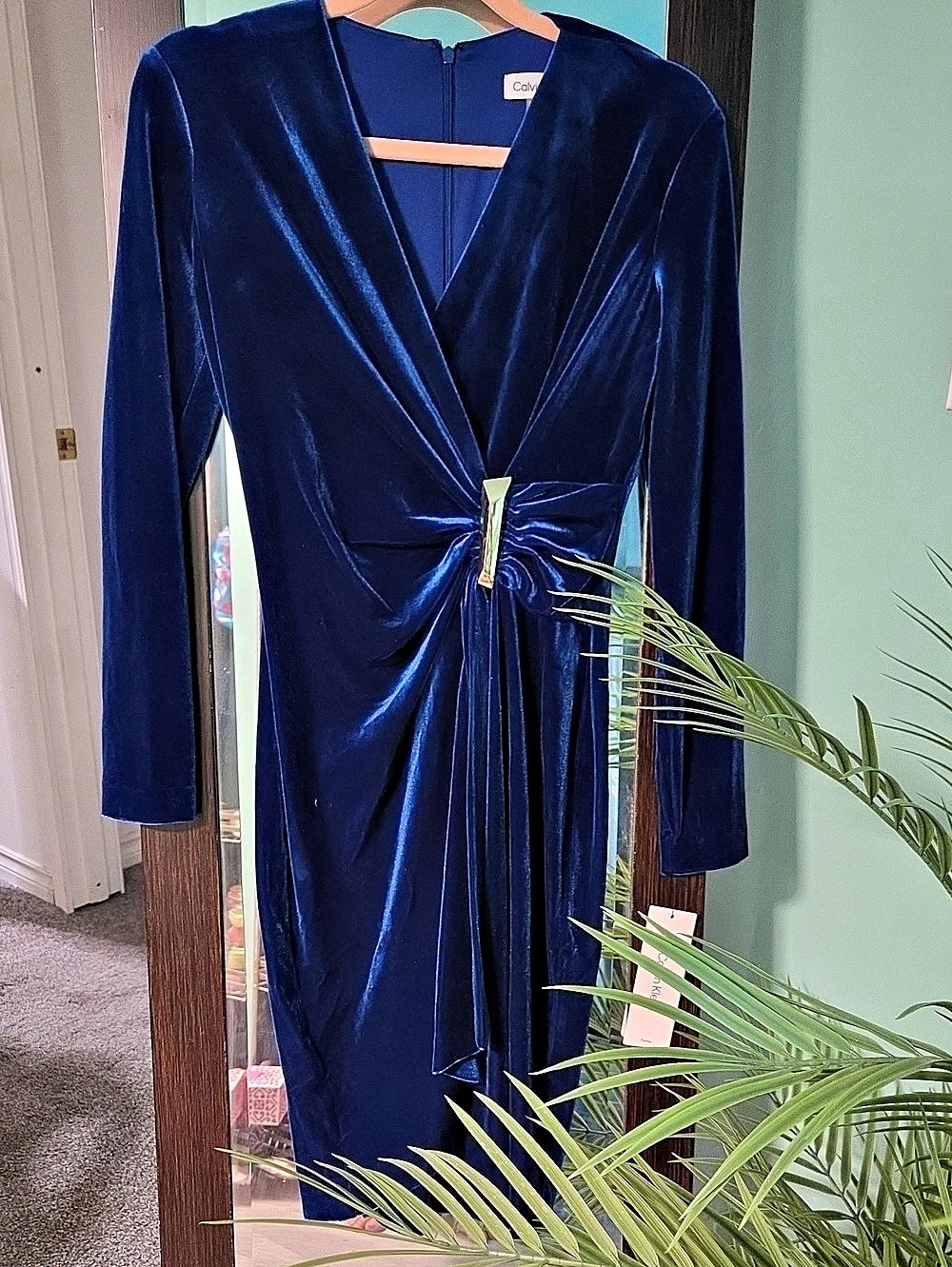 Calvin Klein Velvet V-Neck Long-Sleeve Dress Blue Size 2P